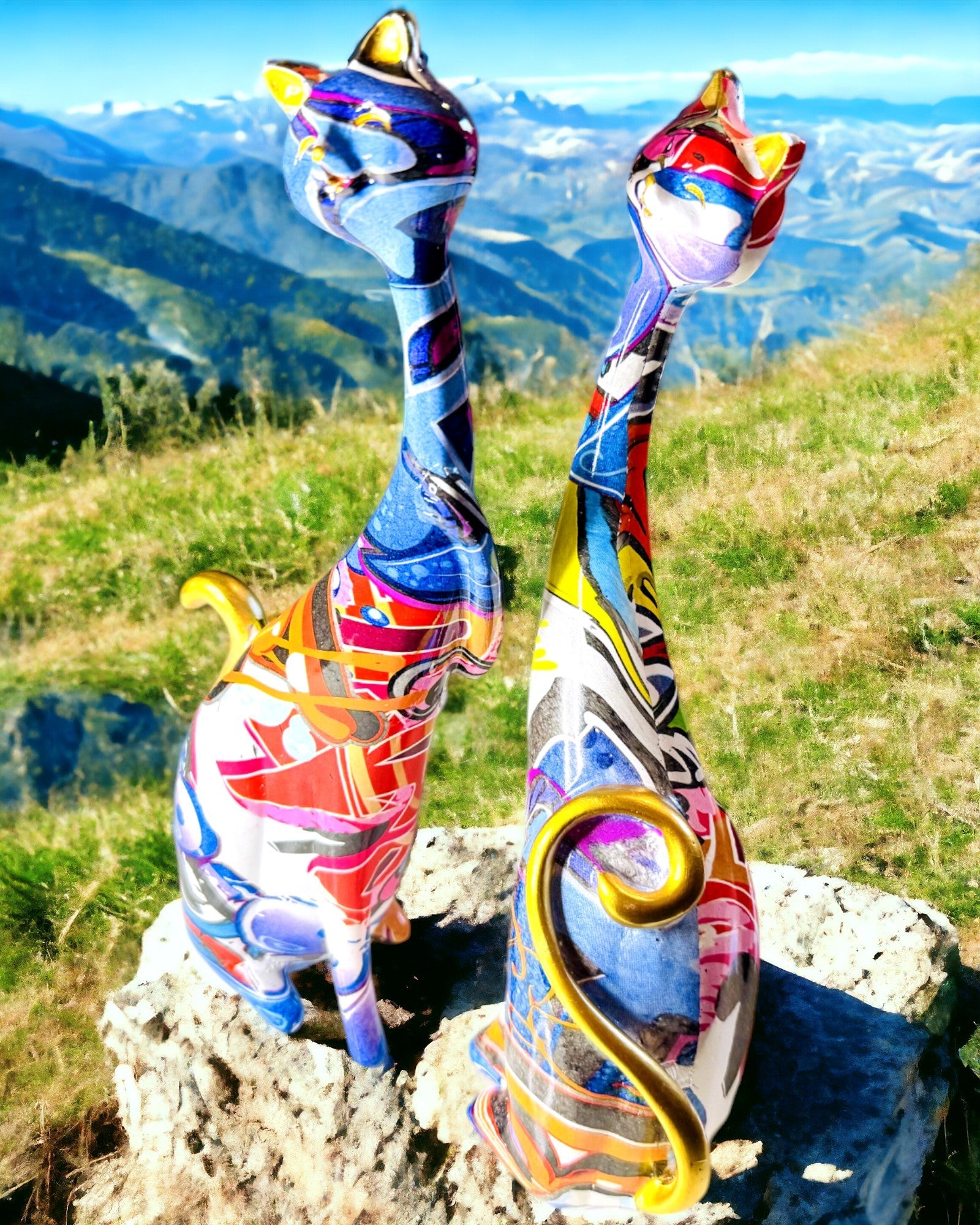 Abstrakta Kattfigurer "ArtCats", Handmålade, Resin – 25 cm, 2 st.