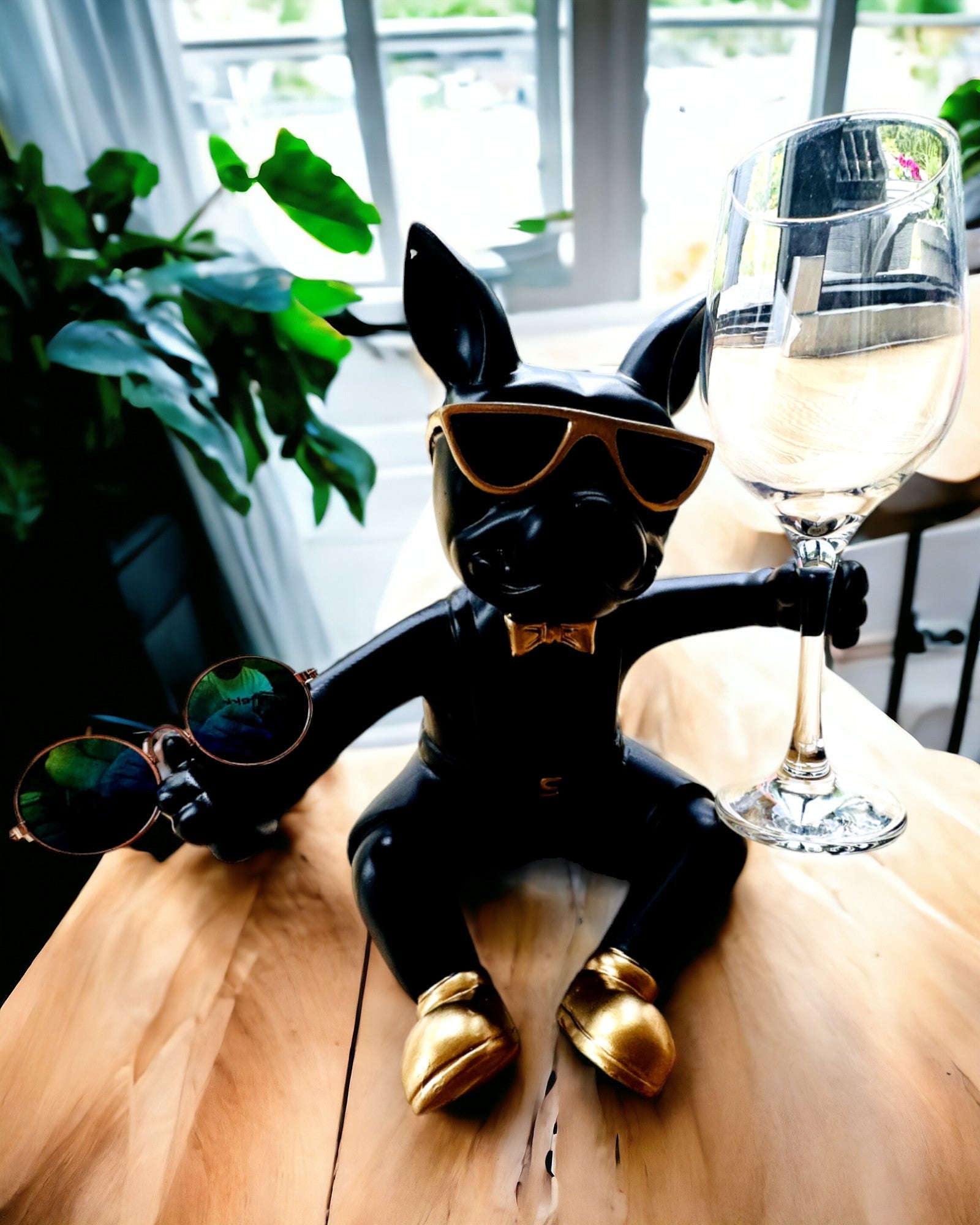 Exklusiv Figur "Stilfull Bulldog", färg svart, ställ för vinglas eller champagneglas, personalisering med gravyr